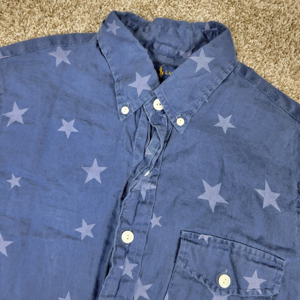 Ralph Lauren Classic Fit Mens Small Blue AOP Stars Button Down SS 100% Linen